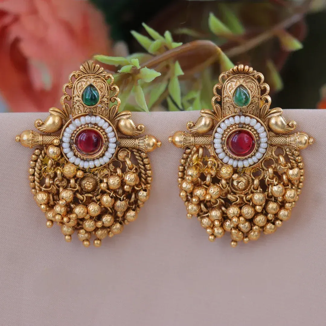 Mango Bead Earrings - Gold Pink Green